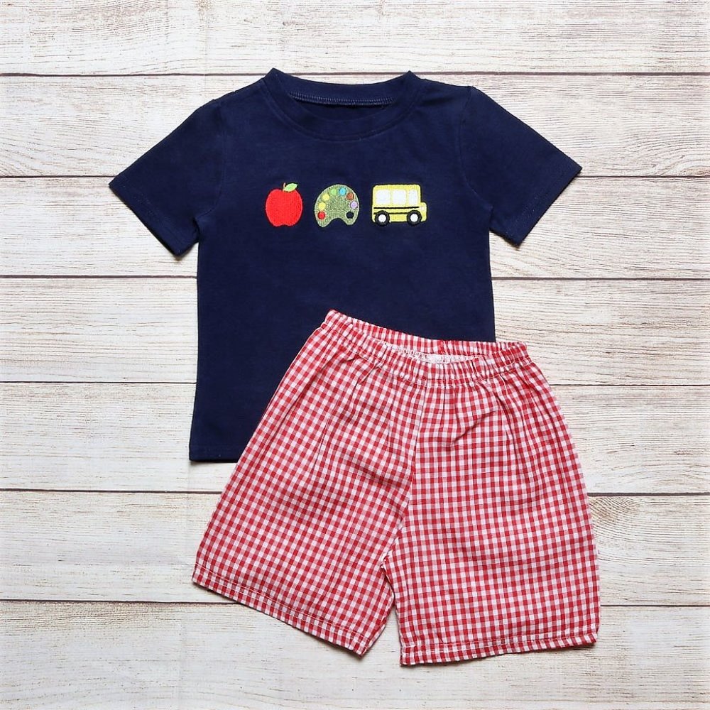 Boutique Back to School Embroidered Apple Bus Boys Shorts Outfit Set